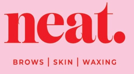 Neat.beauty logo with 'brows, skin, waxing' in Dublin, IE, featuring bold red text on a pink background.