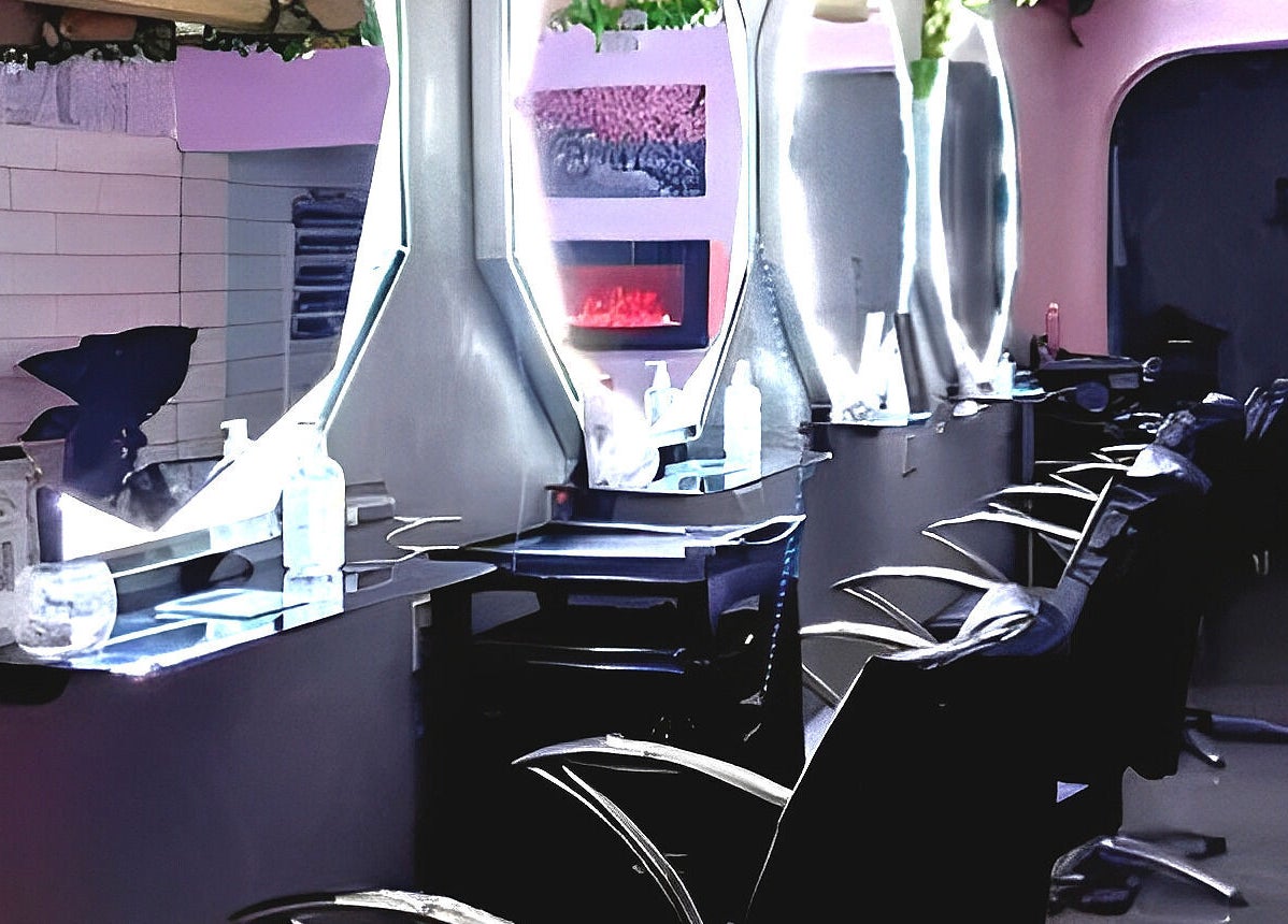 Modern salon interior at Mirror Mirror, Worcester, England, GB featuring sleek styling stations and illuminated mirrors.