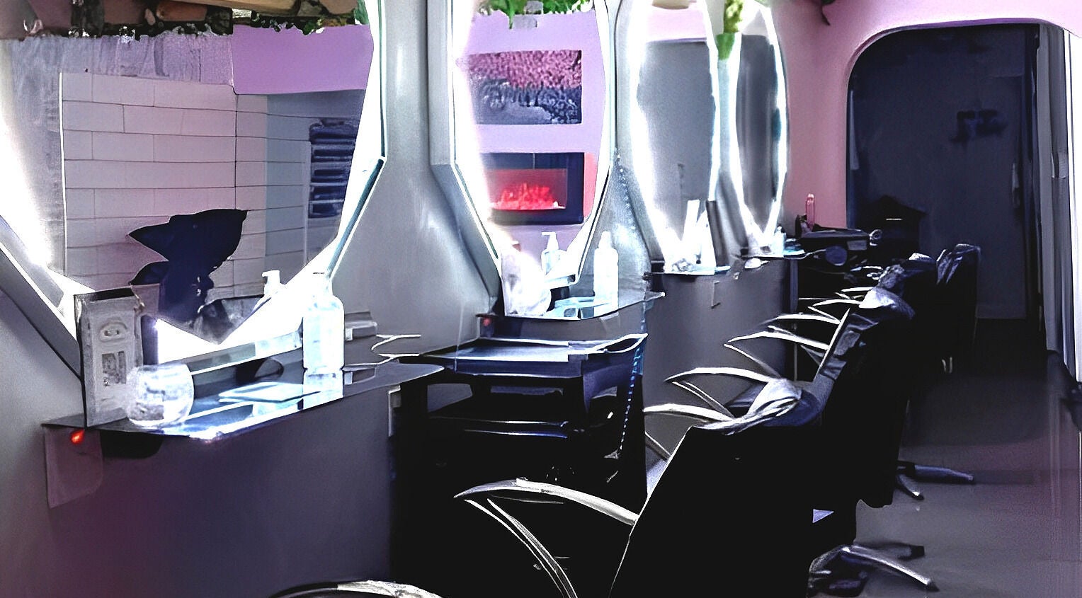 Modern salon interior at Mirror Mirror, Worcester, England, GB featuring sleek styling stations and illuminated mirrors.