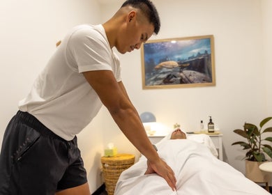Massage therapy session at Kazspace in Sydney, Potts Point, New South Wales, AU. Relaxing wellness ambiance.