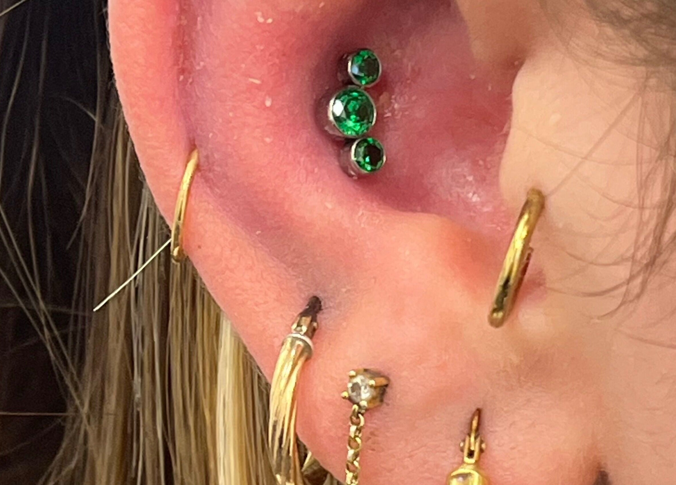 Elegant multiple ear piercings at Bobbi's Aesthetics & Piercing, Bletchley, England, GB.