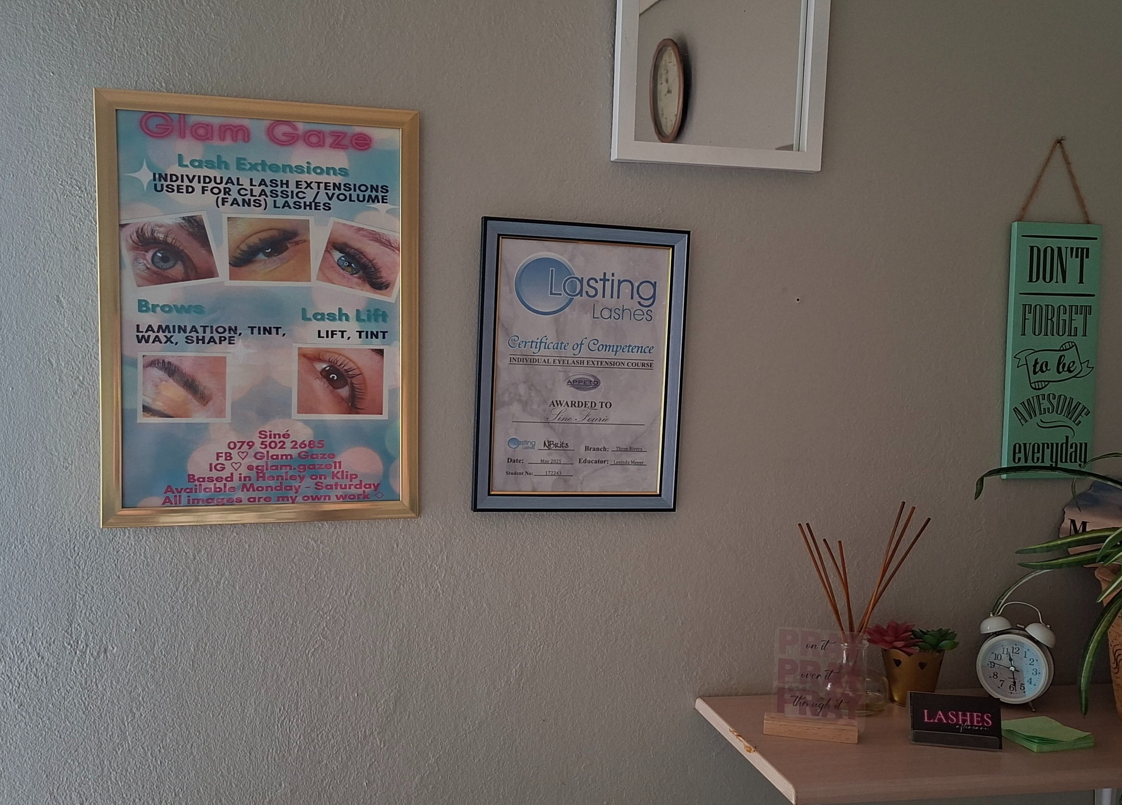 Stylish framed Glam Gaze poster and certificate at Glam Gaze, Meyerton, Gauteng, ZA beauty center.