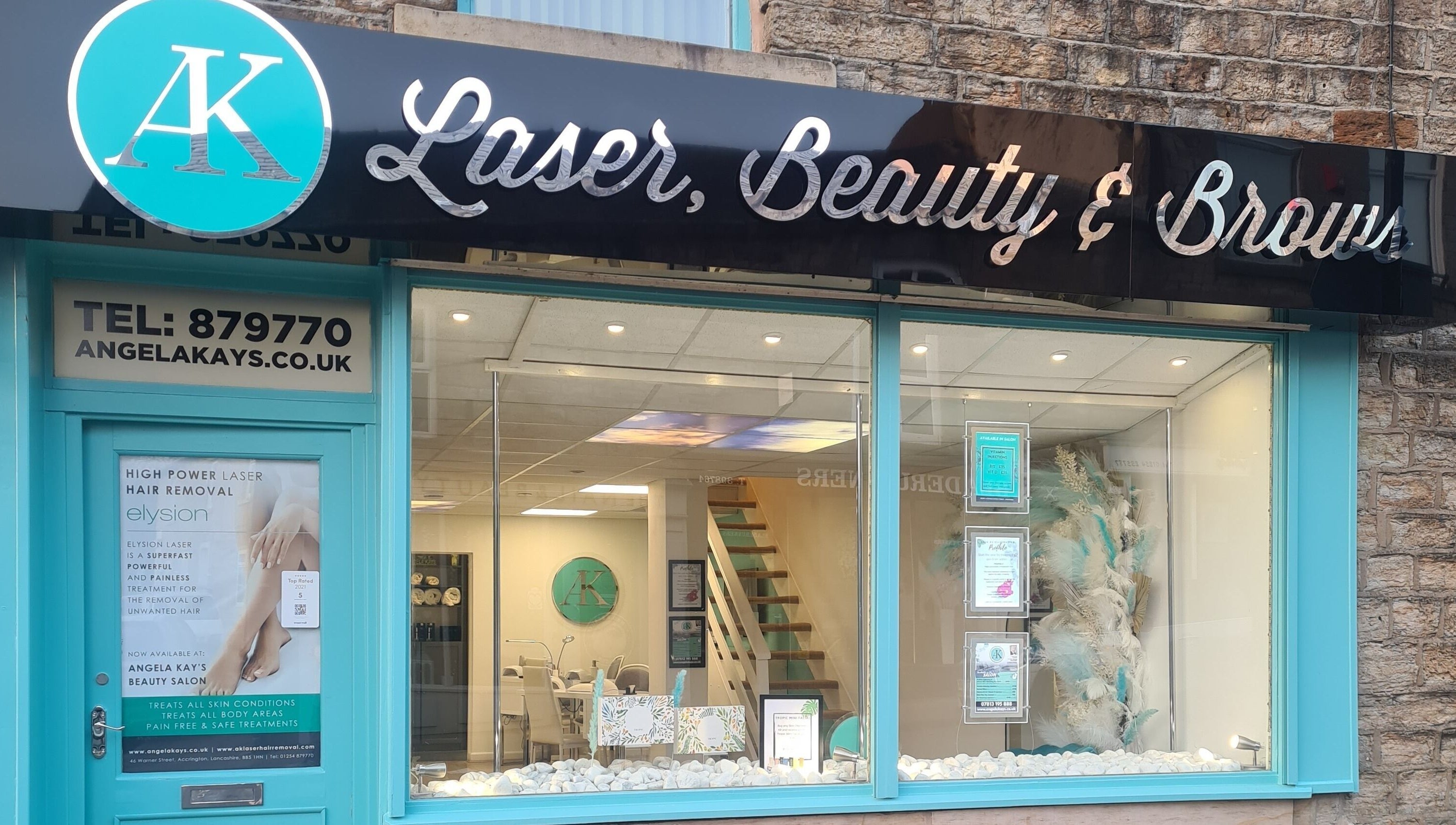 AKBrows Accrington storefront in Accrington, England showcasing beauty and laser services.