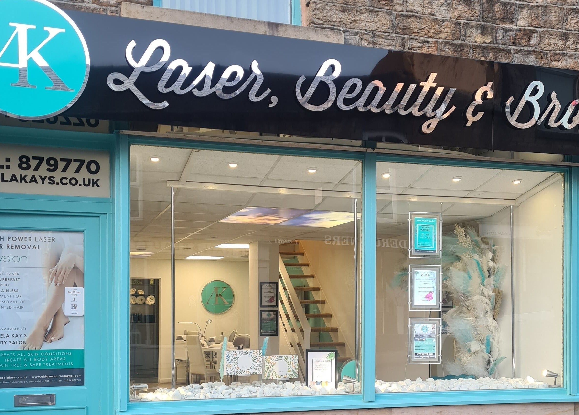 AKBrows Accrington storefront in Accrington, England showcasing beauty and laser services.