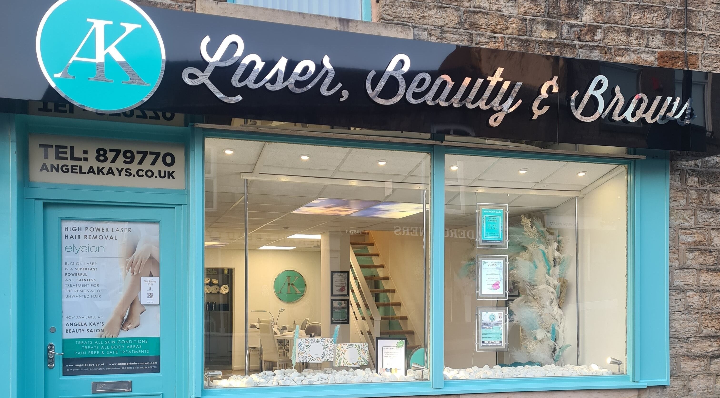 AKBrows Accrington storefront in Accrington, England showcasing beauty and laser services.