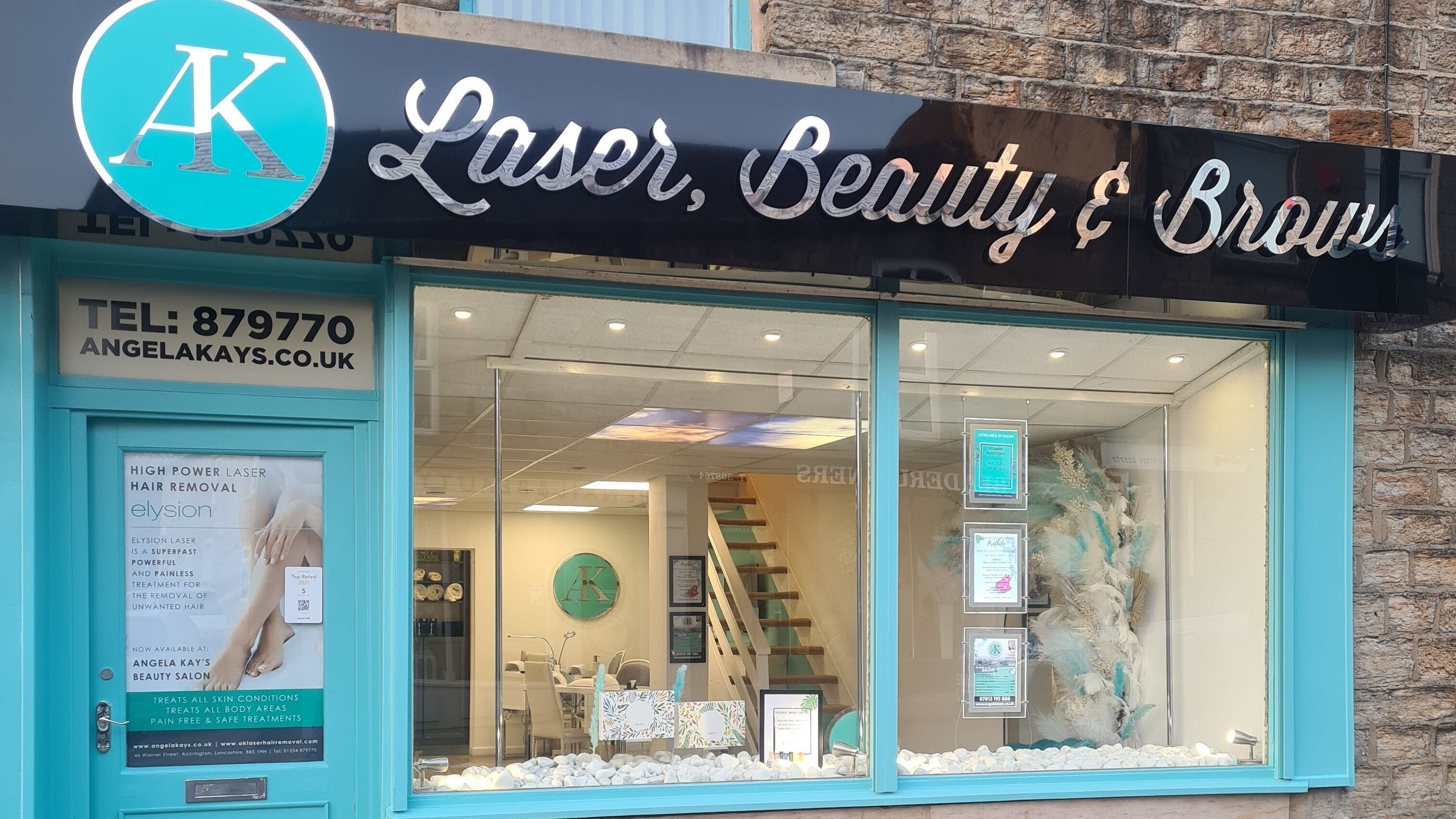 AKBrows Accrington storefront in Accrington, England showcasing beauty and laser services.