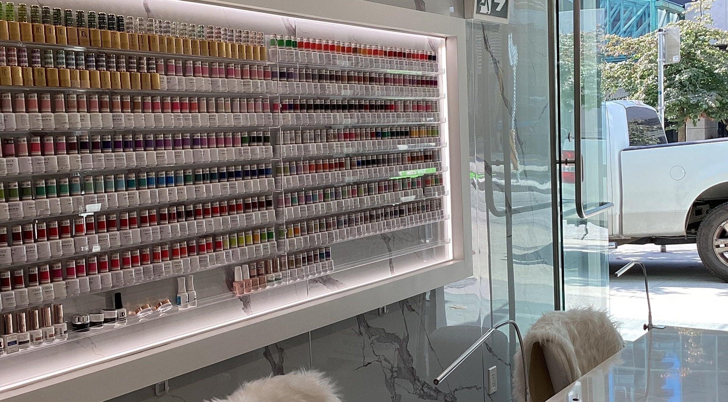 Diverse nail polish display at Champagne Nail Lounge on Drake, Vancouver, British Columbia, CA.