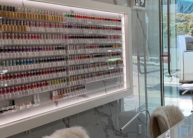 Colorful nail polish selection at Champagne Nail Lounge on Drake, Vancouver, British Columbia, CA.