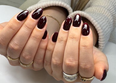 Elegant burgundy gel nails manicure from All Things Beauty, Flitwick, England, GB.