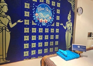 Tranquil massage room at Blue Sky Thai Massage Ltd, Belfast, Northern Ireland, GB with artistic decor.