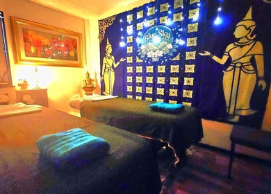 Serene massage room at Blue Sky Thai Massage Ltd, Belfast, Northern Ireland, GB, featuring elegant decor.