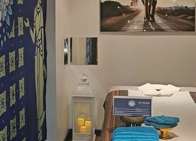 Relaxing massage room at Blue Sky Thai Massage Ltd, Belfast, Northern Ireland, GB, featuring calming decor.