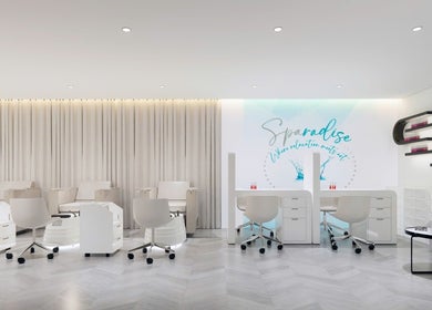 Chic interior of Sparadise in Calgary, Alberta, CA with modern manicure stations and relaxing ambiance.
