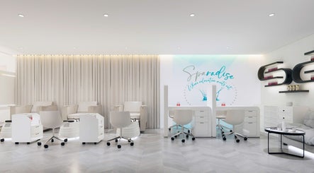 Chic interior of Sparadise in Calgary, Alberta, CA with modern manicure stations and relaxing ambiance.