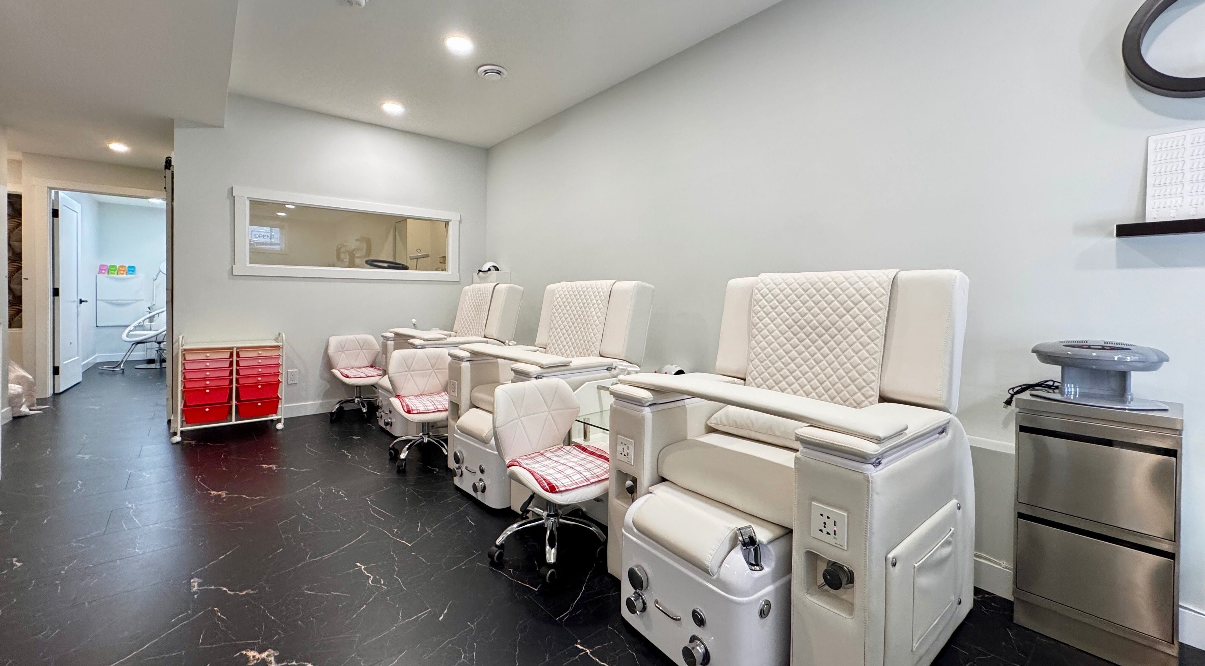 Luxurious spa chairs at Sparadise, Calgary, Alberta, CA, offering premium pedicure services.