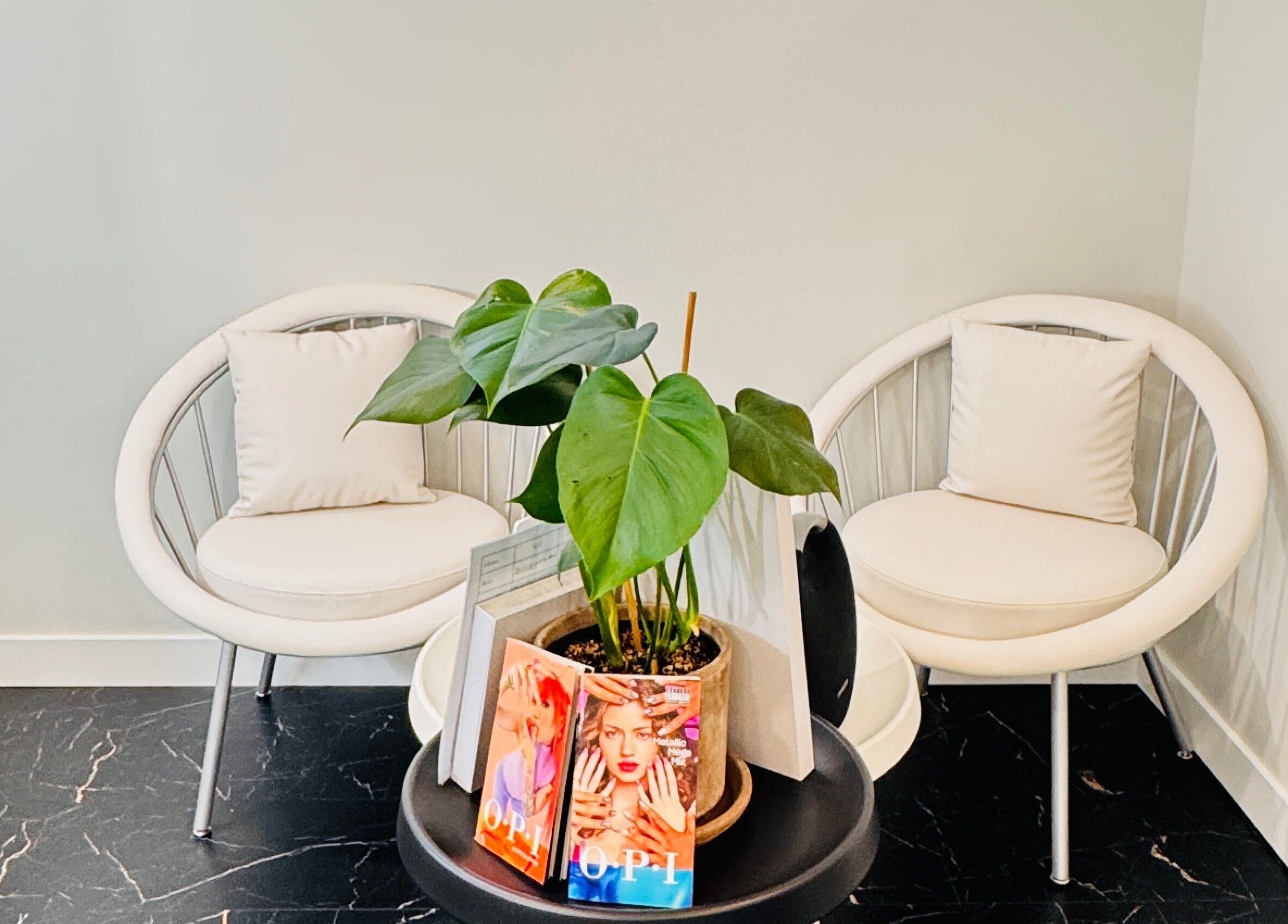 Relaxing waiting area with chairs at Sparadise, Calgary, Alberta, CA, featuring a stylish plant centerpiece.