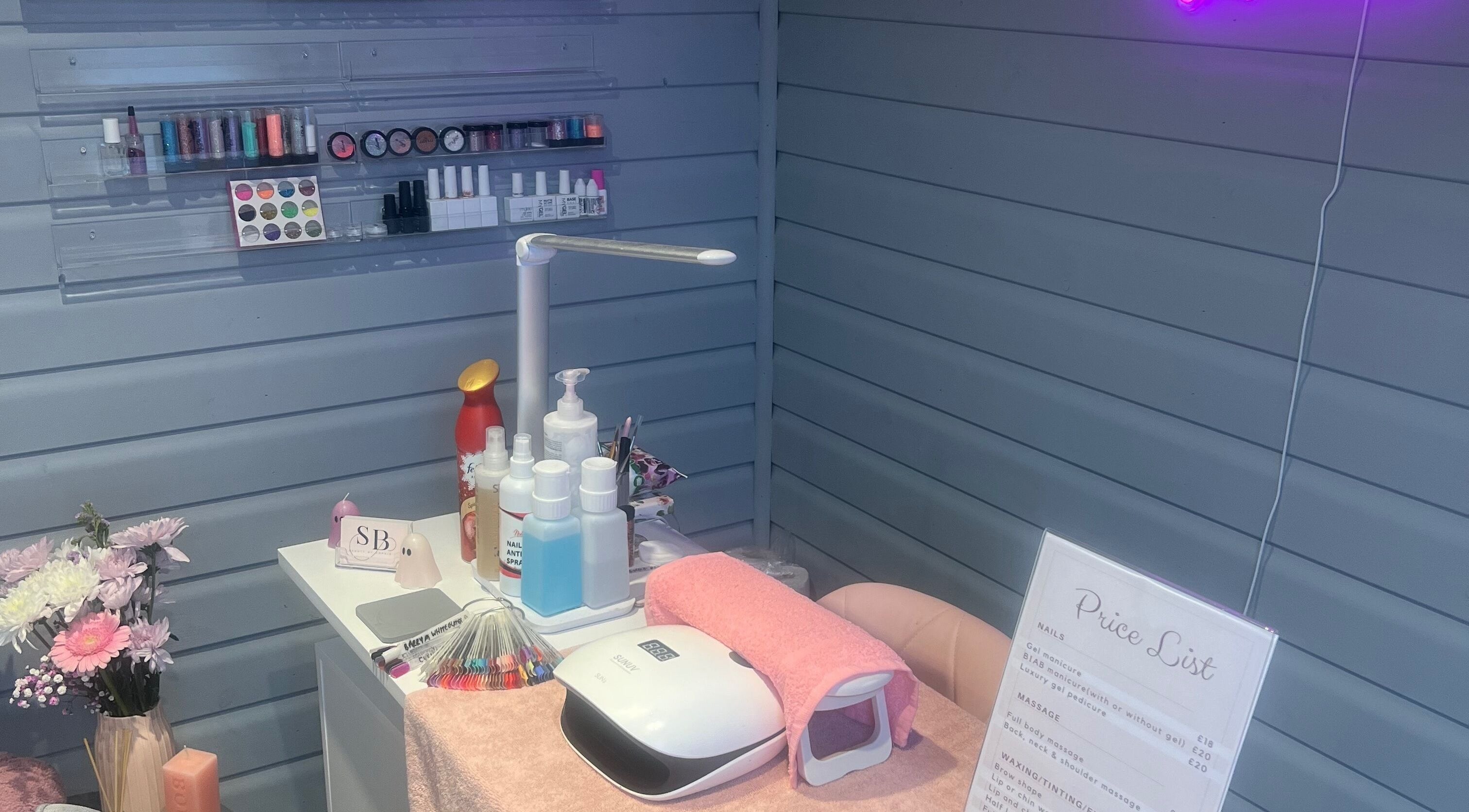 Chic nail station at Beauty By Sophie B, Havant, England, GB. Organized nail polishes and tools displayed neatly.