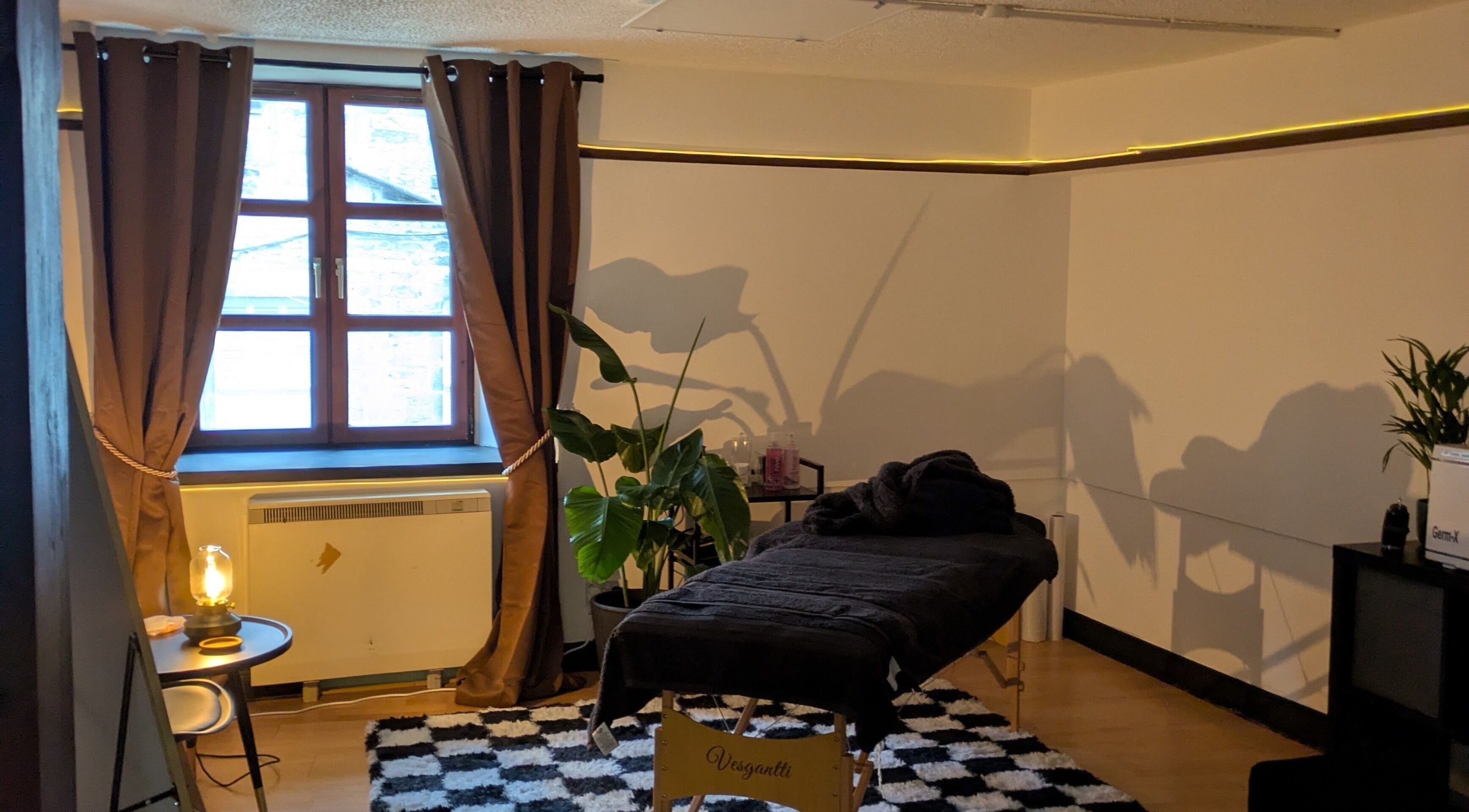 Relaxing massage room at Claws and Pause, Edinburgh, Scotland, GB, with cozy decor and natural lighting.