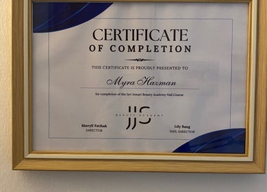 Certificate of completion displayed at Nailchemy/ra in Seri Kembangan, Selangor, MY.