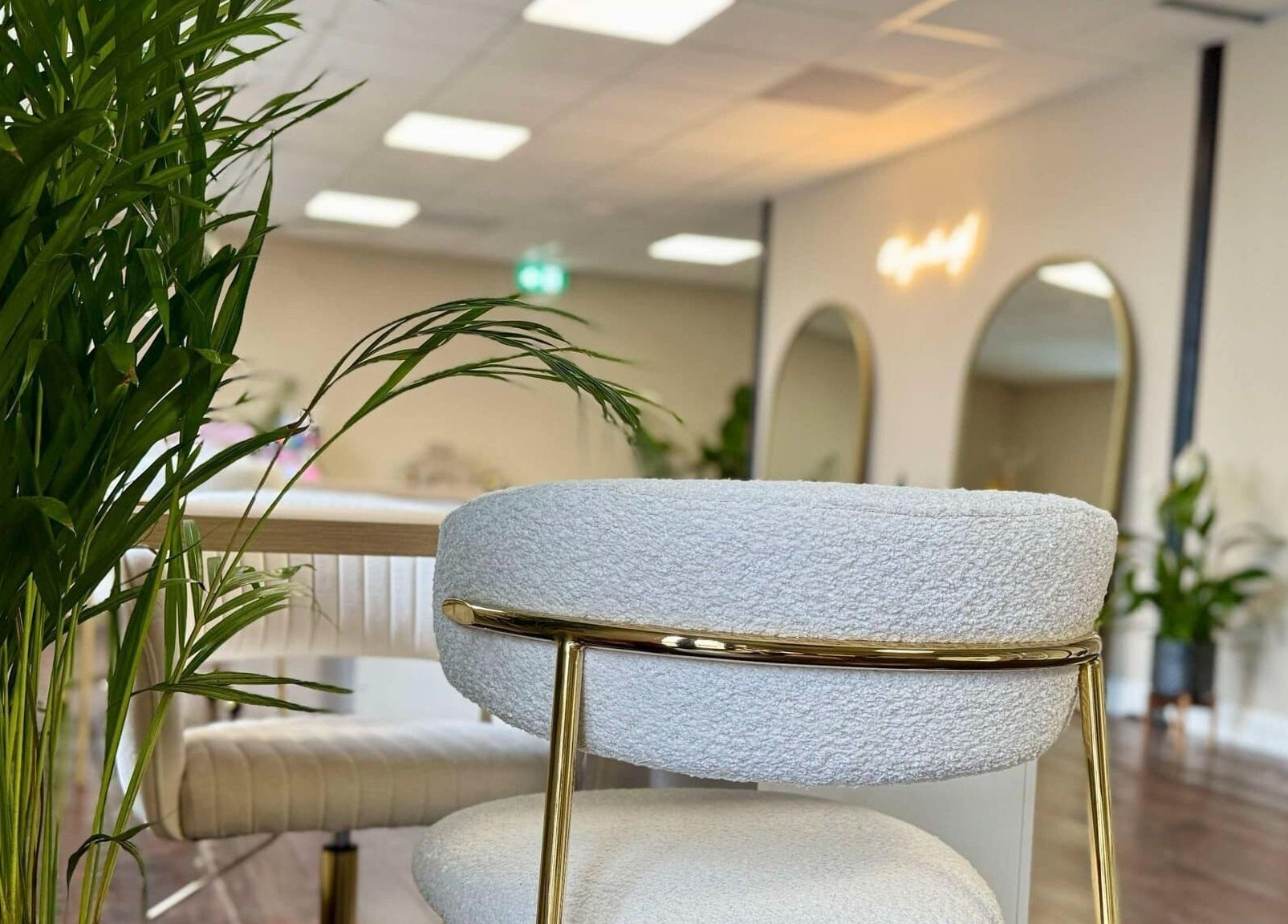 Elegant seating area with green plants at Loft Health & Beauty, Broughshane, Northern Ireland, GB.