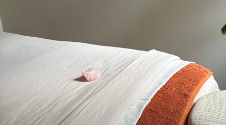 Massage bed with crystal at Sound and Bodywork Massage, Melbourne, Victoria, AU.