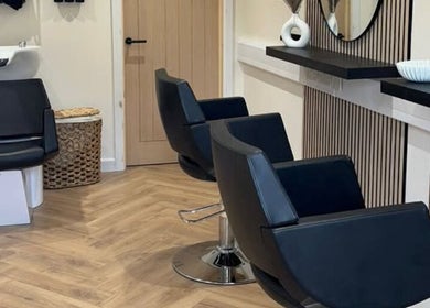 Modern salon chairs at Becky With The Good Hair - Stubbington in Fareham, England, GB.