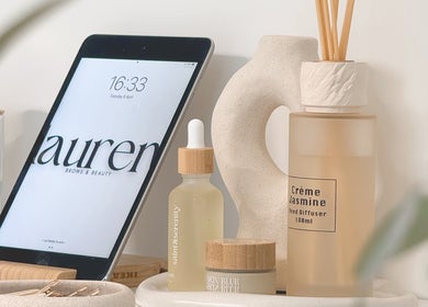 Lauren Brows and Beauty atmosphere with products and diffuser displayed, Dubai, Dubai, AE.
