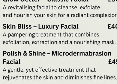 Facial treatment menu at Relax & Glow, Swindon, England, GB, showcasing luxurious skin treatments.