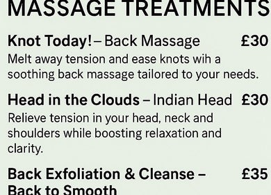 Relax & Glow massage treatments price list in Swindon, England, GB featuring Knot Today and Head in the Clouds.