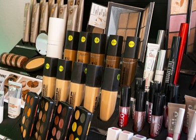 A variety of makeup products displayed at Venue Salon in Lakeland, Florida, US.