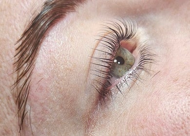 Close-up of lush eyebrow and lashes at Glowing Beauty, Christchurch, Canterbury, NZ.