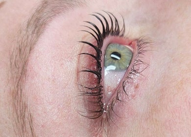 Close-up of enhanced eyelashes at Glowing Beauty, Christchurch, Canterbury, NZ.