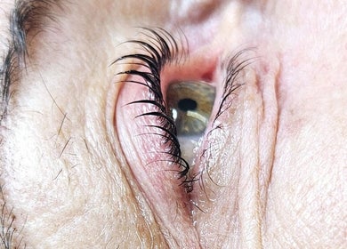 Close-up of enhanced eyelashes at Glowing Beauty, Christchurch, Canterbury, NZ.