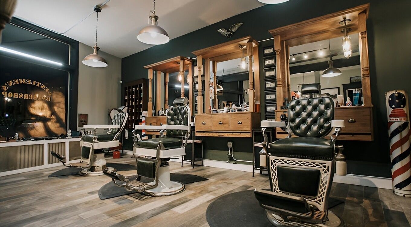 Elegant interior of Hano Henry Gentlemen’s Barbershop in Villa Park, Illinois, US with vintage barber chairs.