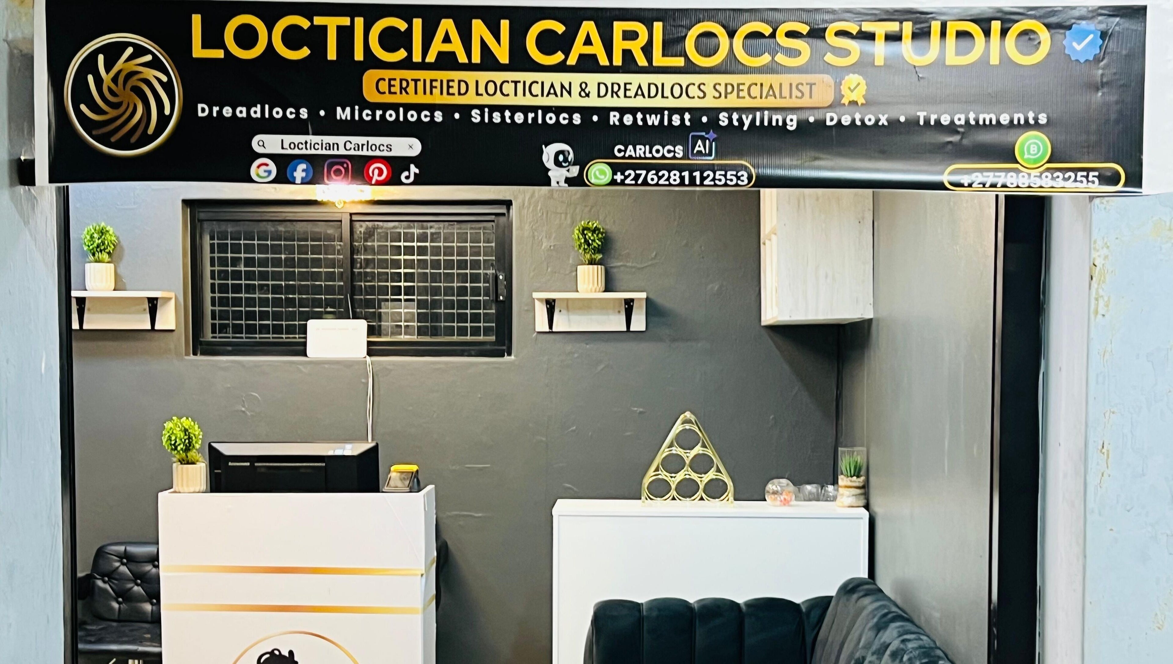 Entrance of Loctician Carlocs Studio, Johannesburg featuring modern decor and welcoming ambience.
