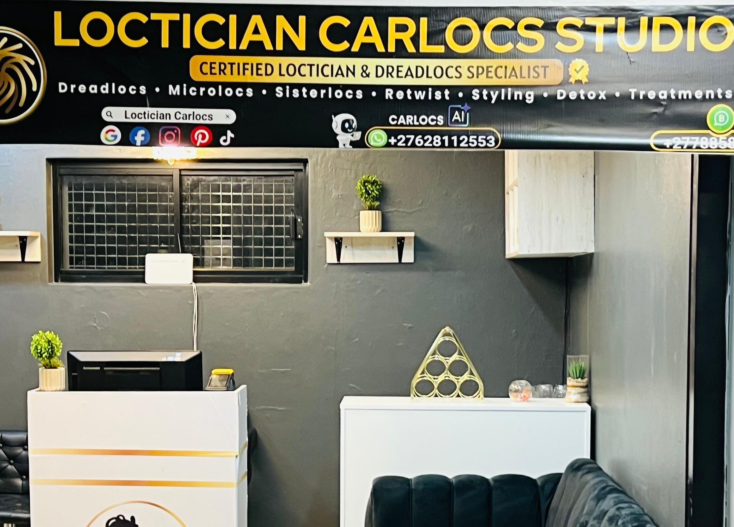 Entrance of Loctician Carlocs Studio, Johannesburg featuring modern decor and welcoming ambience.