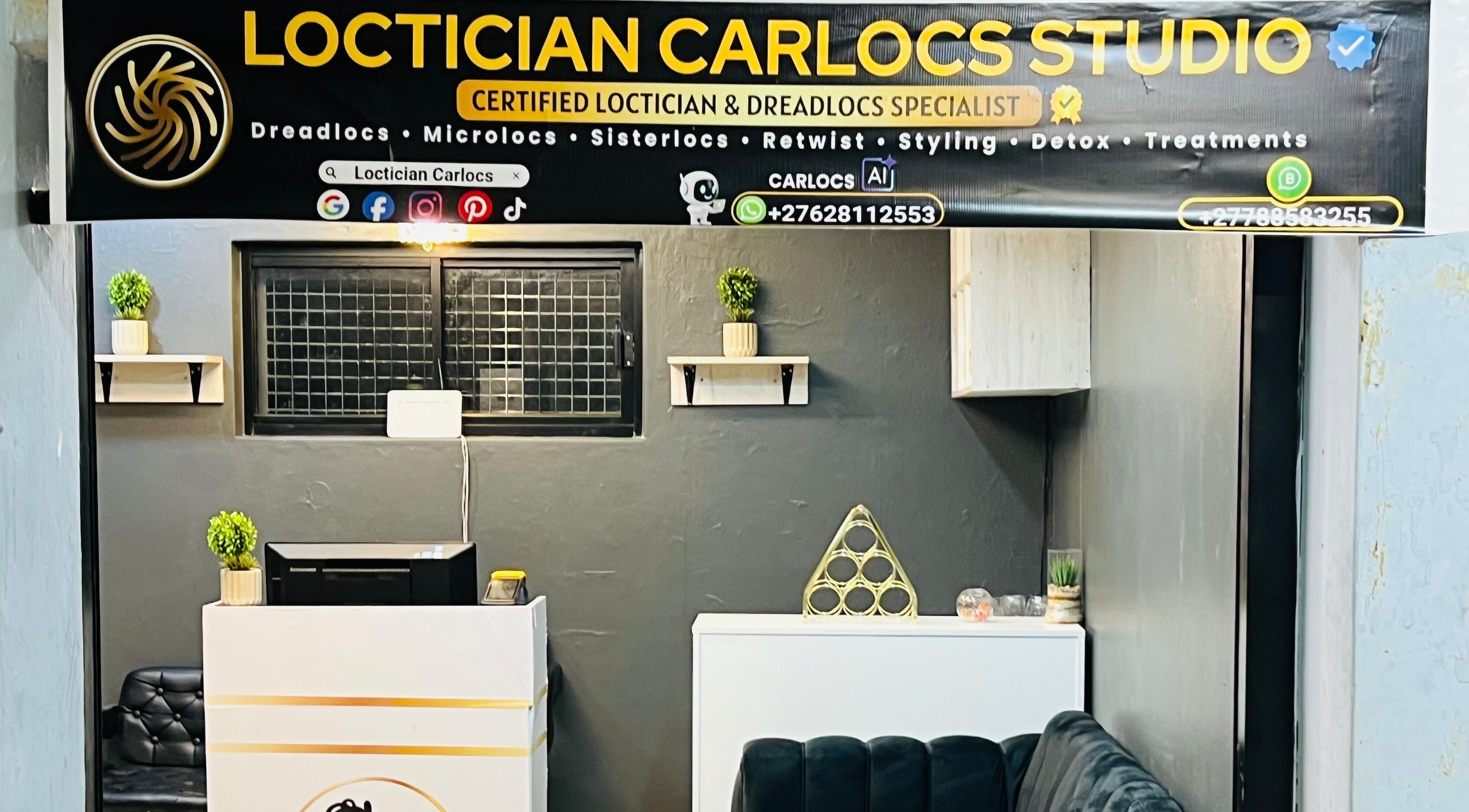 Entrance of Loctician Carlocs Studio, Johannesburg featuring modern decor and welcoming ambience.