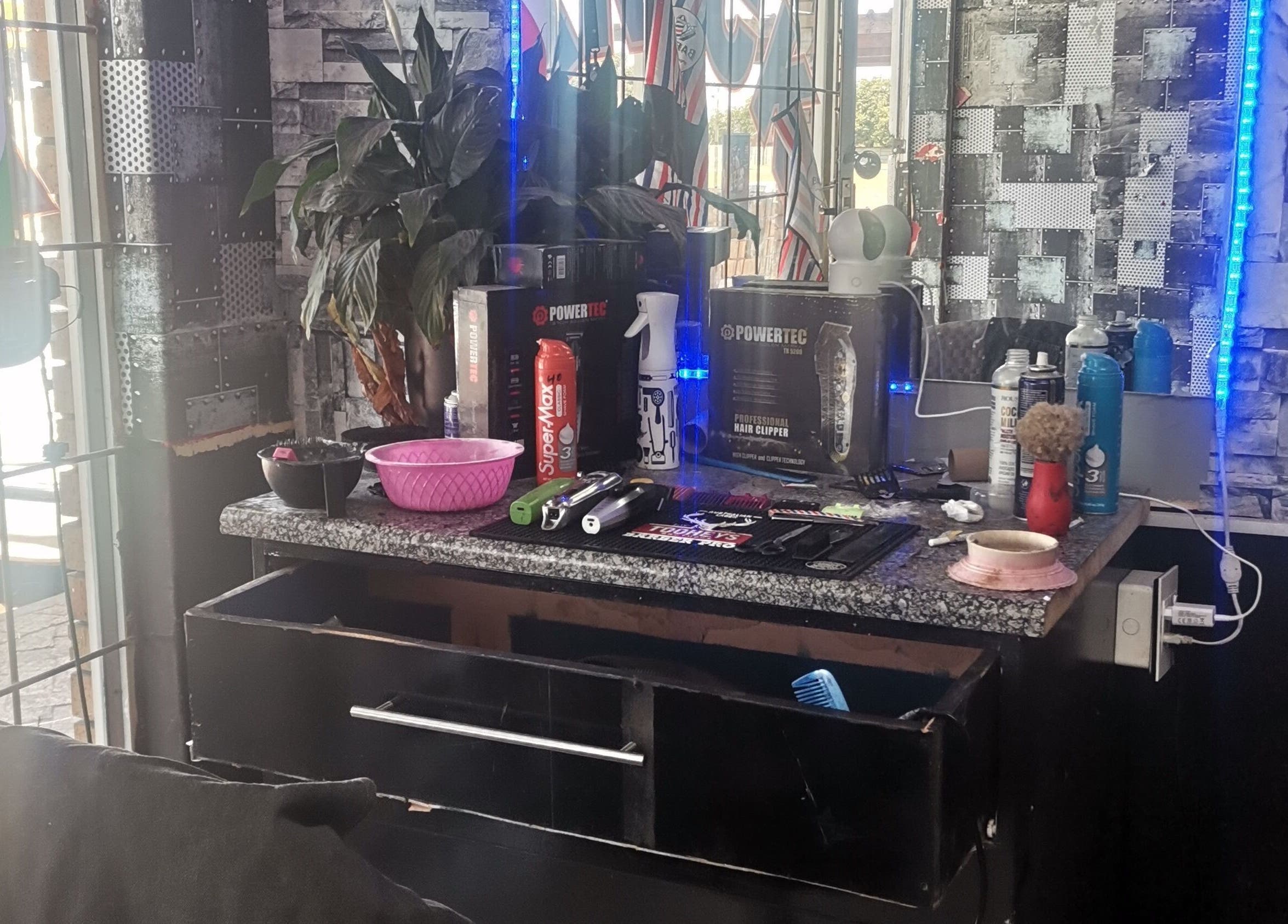 Barber station at C's_Cuts in Cape Town, Western Cape, ZA with grooming tools and products.
