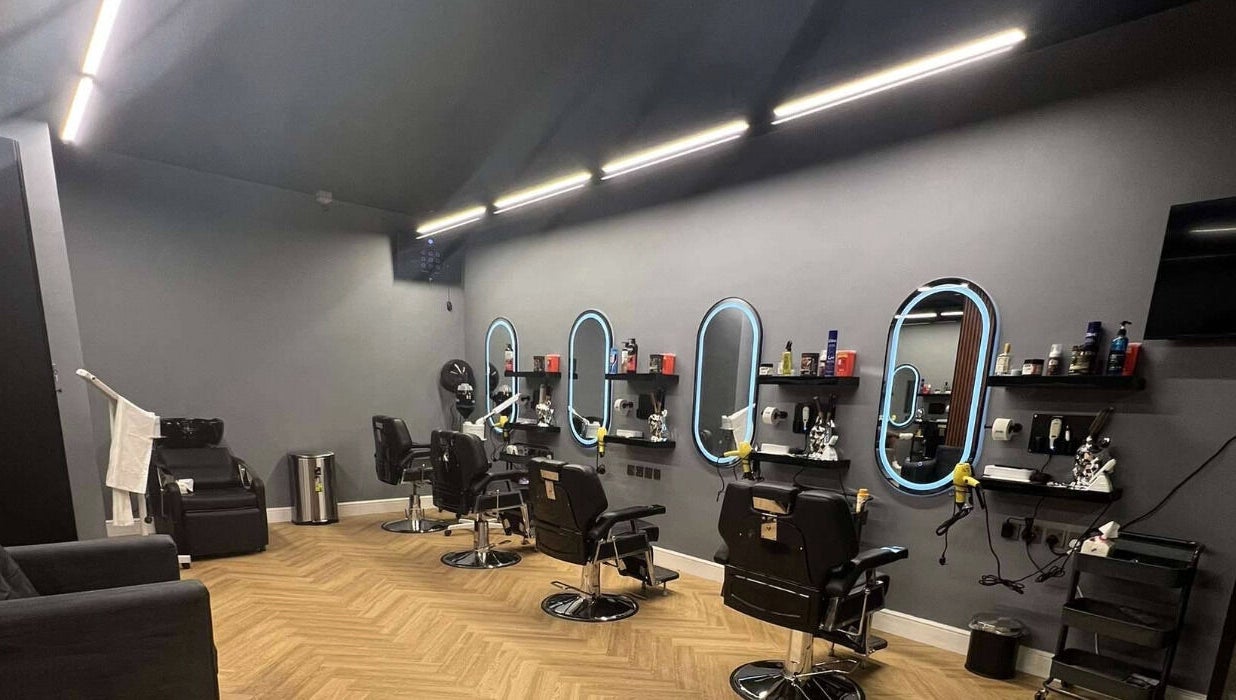 Modern barber chairs and mirrors at صالون المسار الازرق | Blue Line Salon, Riyadh, Riyadh Province, SA.