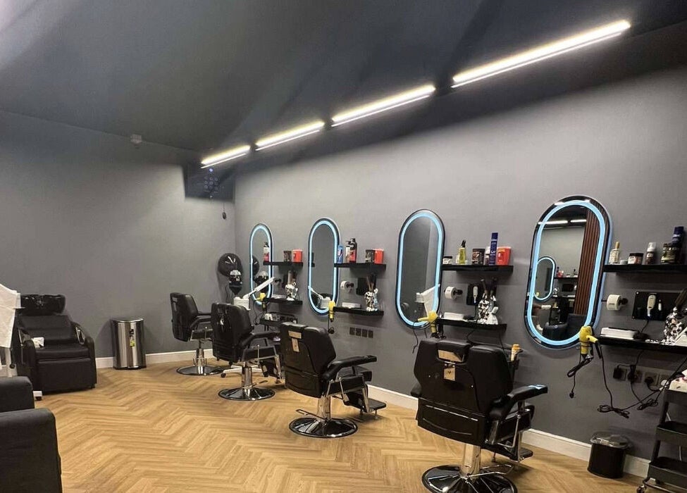 Modern barber chairs and mirrors at صالون المسار الازرق | Blue Line Salon, Riyadh, Riyadh Province, SA.