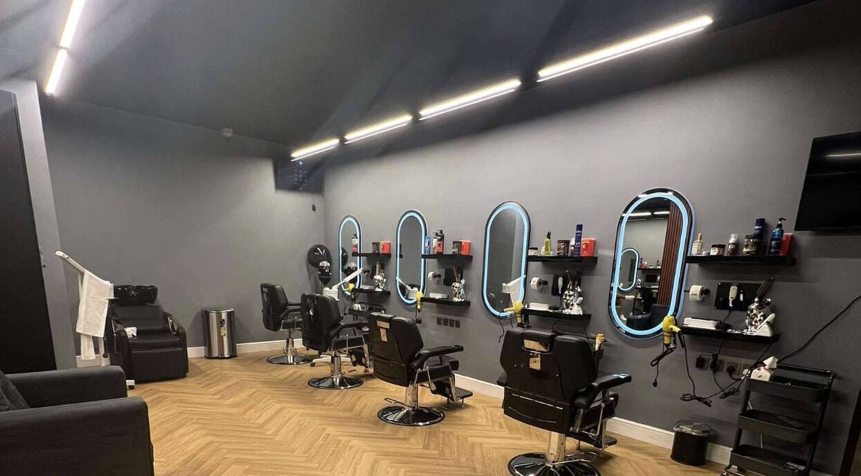 Modern barber chairs and mirrors at صالون المسار الازرق | Blue Line Salon, Riyadh, Riyadh Province, SA.