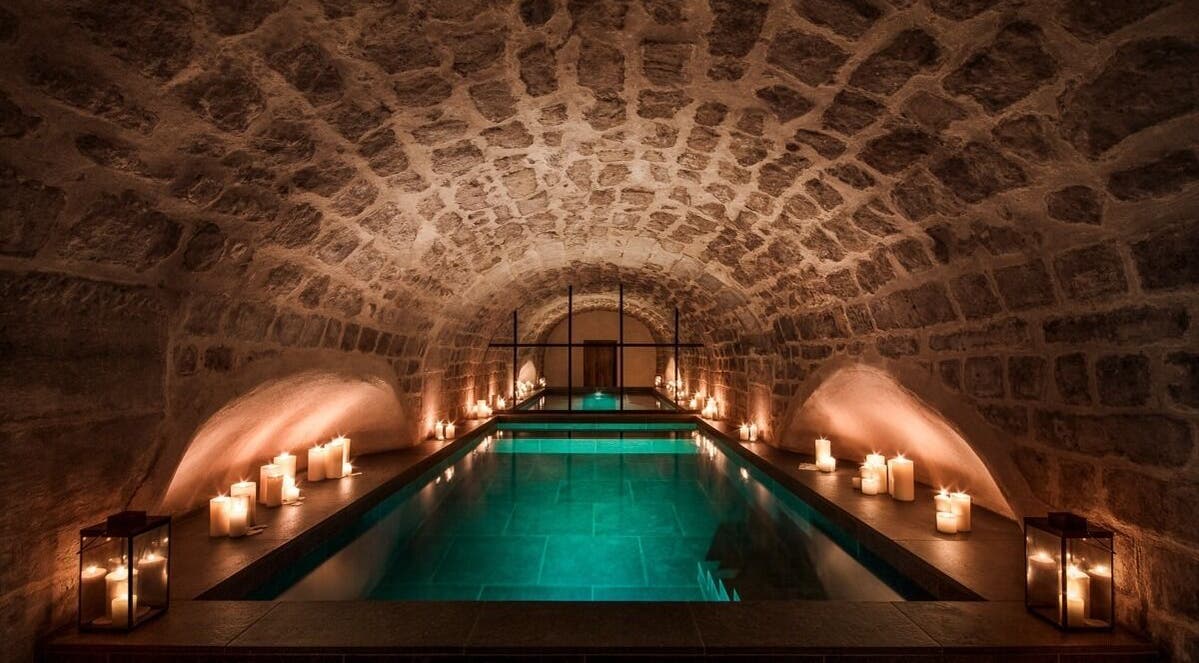 Piscine de luxe éclairée aux bougies à Spa Clēmēns, Paris, Île-de-France, FR.