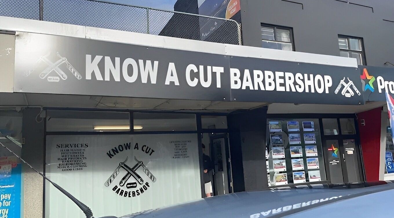 Knowacut Barbershop exterior in Levin, Manawatū-whanganui, NZ, showcasing modern design and inviting atmosphere.