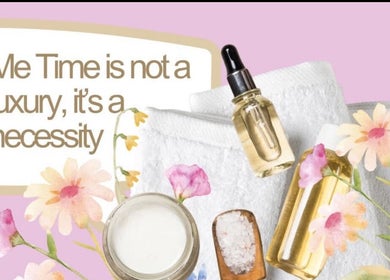 Beauty Within, Hull, England: Spa essentials with a 'Me Time' message, floral accents, oil bottles, towel, and salt.