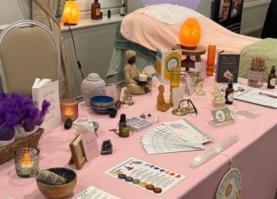 A calming wellness display at Beauty Within, Hull, England, GB featuring aromatherapy items and self-care books.