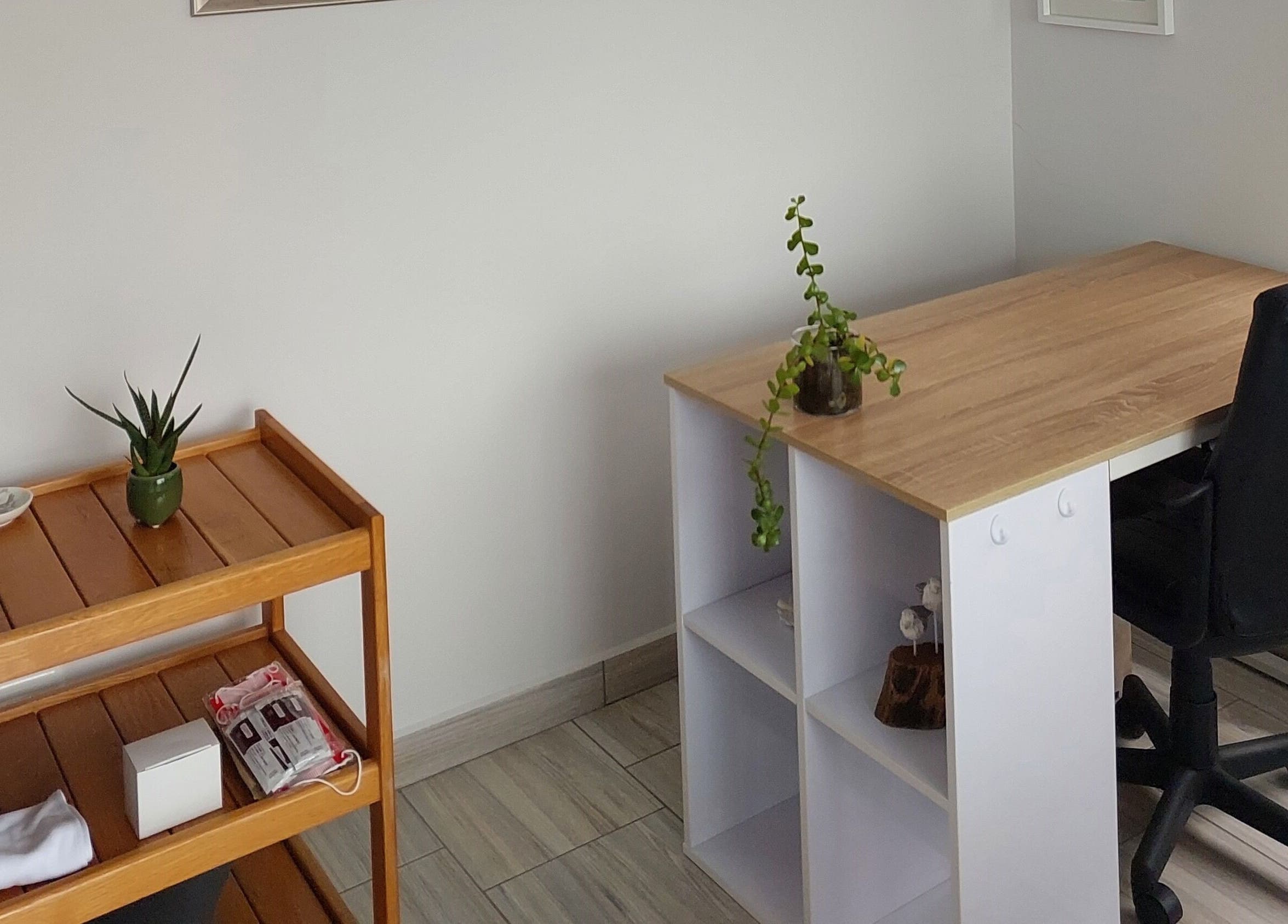 Calm, minimalist workspace at Blooms, Jeffreys Bay, Eastern Cape, ZA with desk and plant for relaxation.