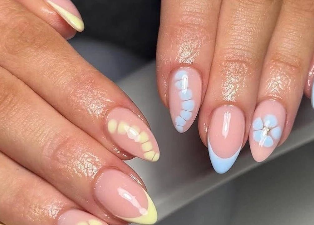 Close-up of pastel floral nail art at Lux Nails & Spa Carluke, Carluke, Scotland, GB.