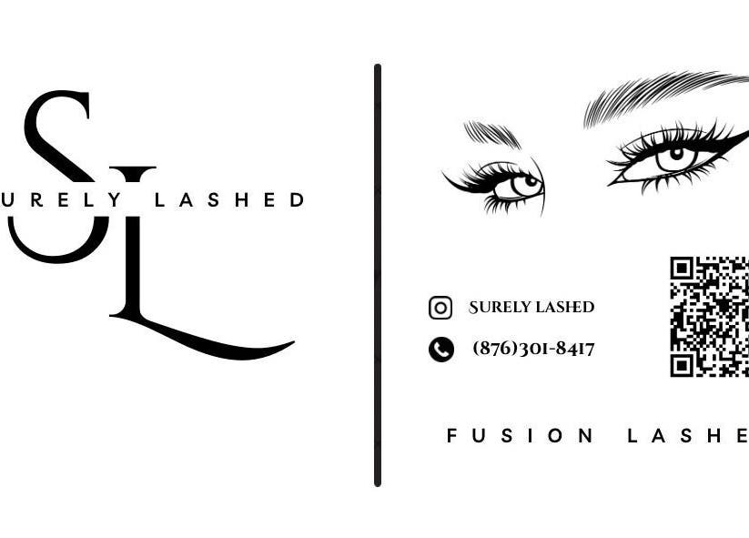 Surely Lashed branding with contact info and QR code, located in Kingston, St. Andrew Parish, JM.