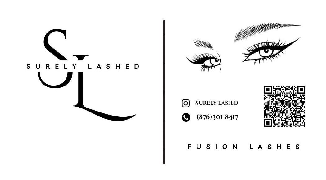 Surely Lashed branding with contact info and QR code, located in Kingston, St. Andrew Parish, JM.