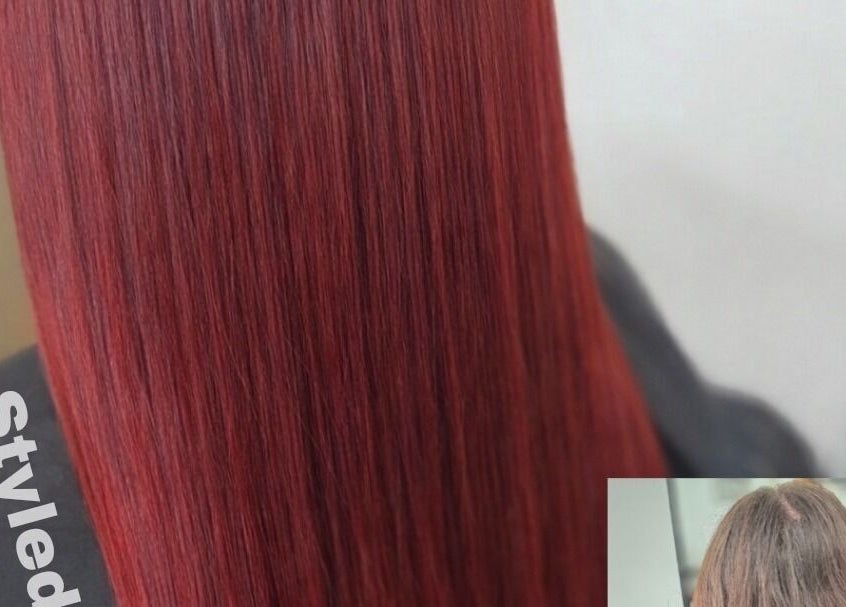 Vibrant red hair transformation at Little Hair Nation, Whangārei, Northland, NZ. Before and after comparison.